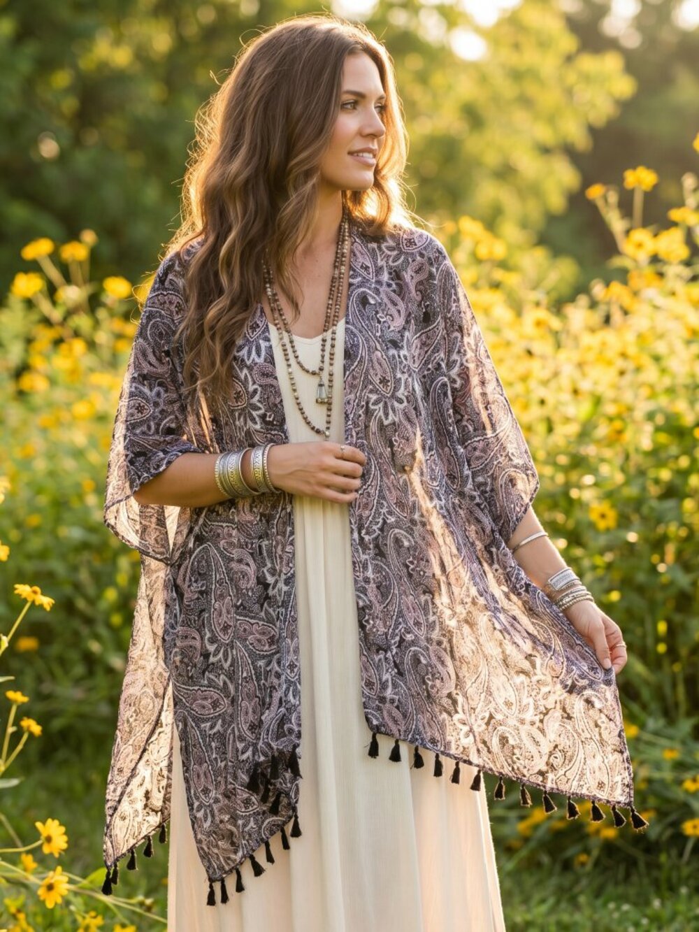 Cynthia Rowley Kimono 1X Black Paisley Print Tassel Fringe Whimsigoth Boho Chic